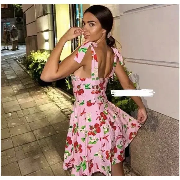 Zara Womens XS Cherry Print Sleeveless A-Line Mini Dress Tie Straps Straight Nec - Picture 2 of 9